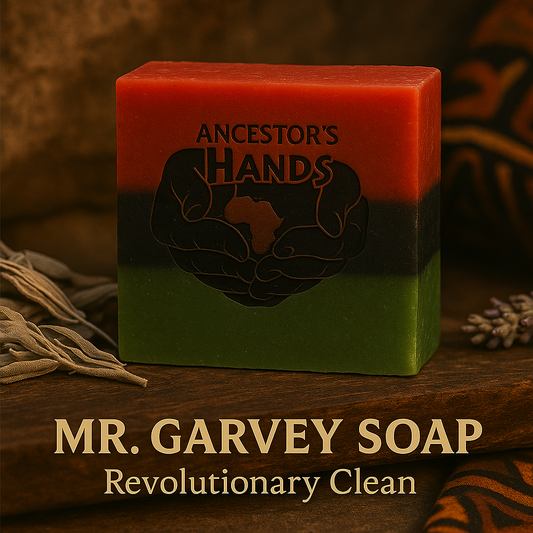 “Mr. Garvey Soap by Ancestor’s Hands displayed with branded packaging and a minimalist, earthy setup.”